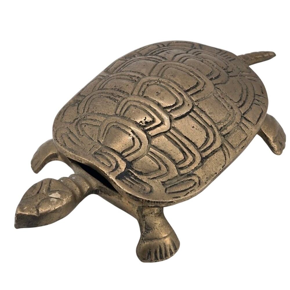 MCM 60s Vintage Brass Turtle Figure Box Trinket Hinged Lid Decor Jewelry Holder